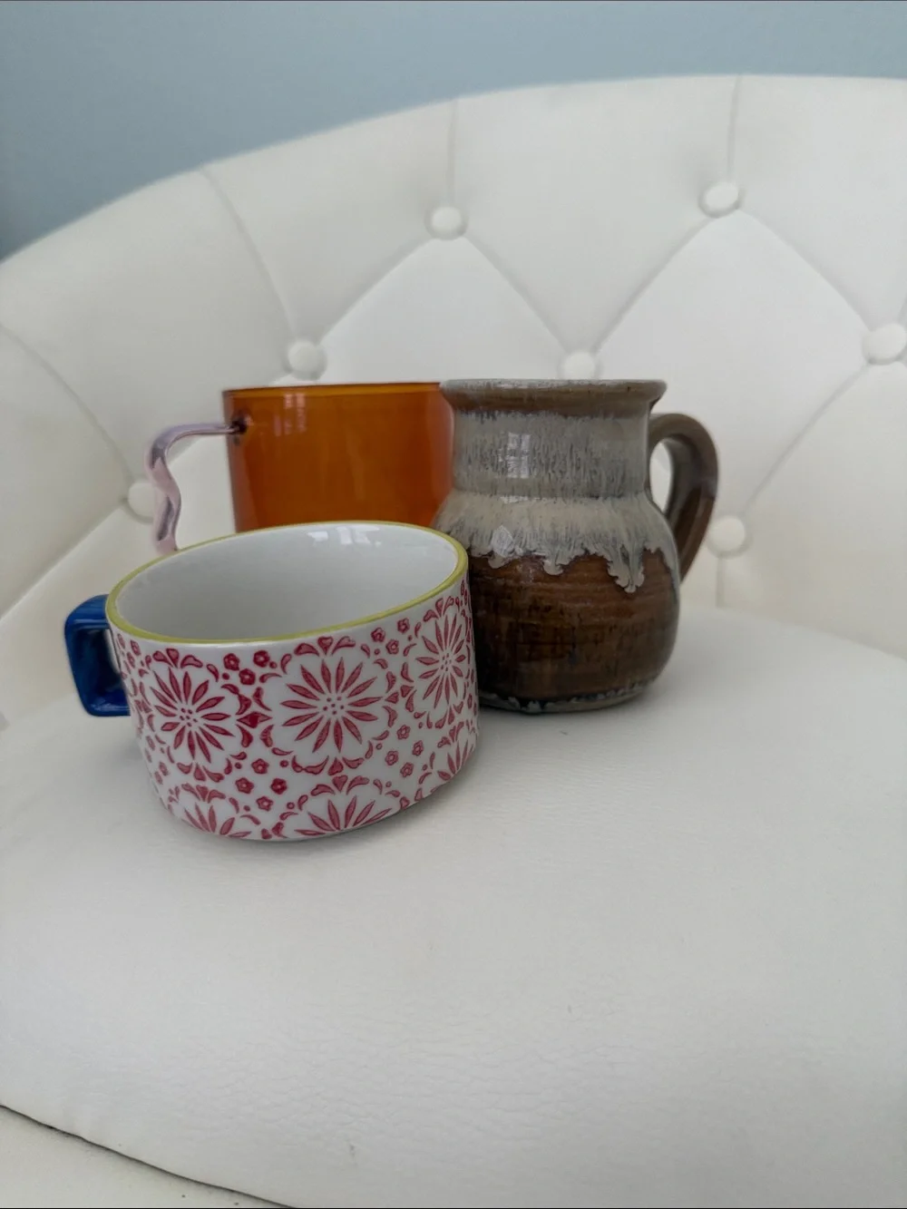 Amber Glass Mug with pink Curved Handle Bundle of 3 Boho Decor cups